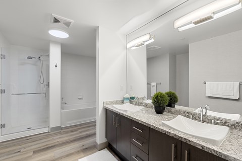 Primary bathroom at 1600 Vine in Hollywood, CA.