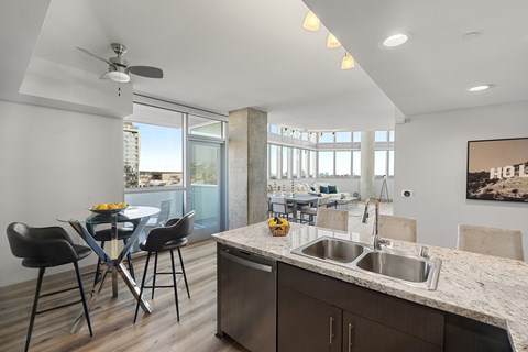 Light-filled kitchen at 1600 Vine in Hollywood, CA.