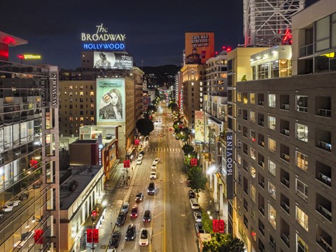 Nighttime exterior of 1600 Vine in Hollywood, CA.