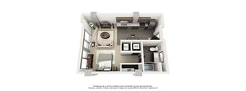 A 3D floor plan of a studio apartment at 1600 VINE