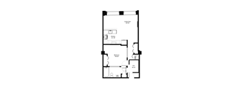 A floor plan of a small apartment with a living room, bedroom, and bathroom.