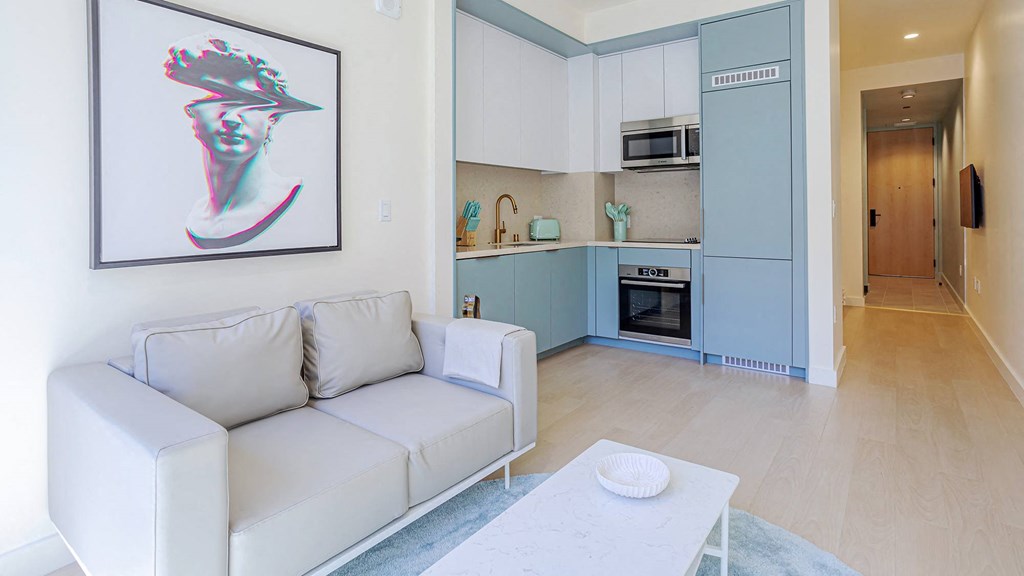 living room and kitchen Sentral Beverly Hills apartments