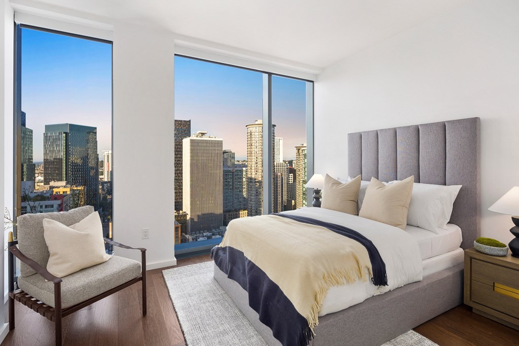 the modern bedroom with city view of Seattle