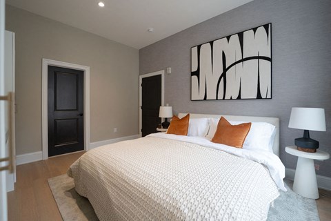 Spacious bedroom with contrasting paneled doors