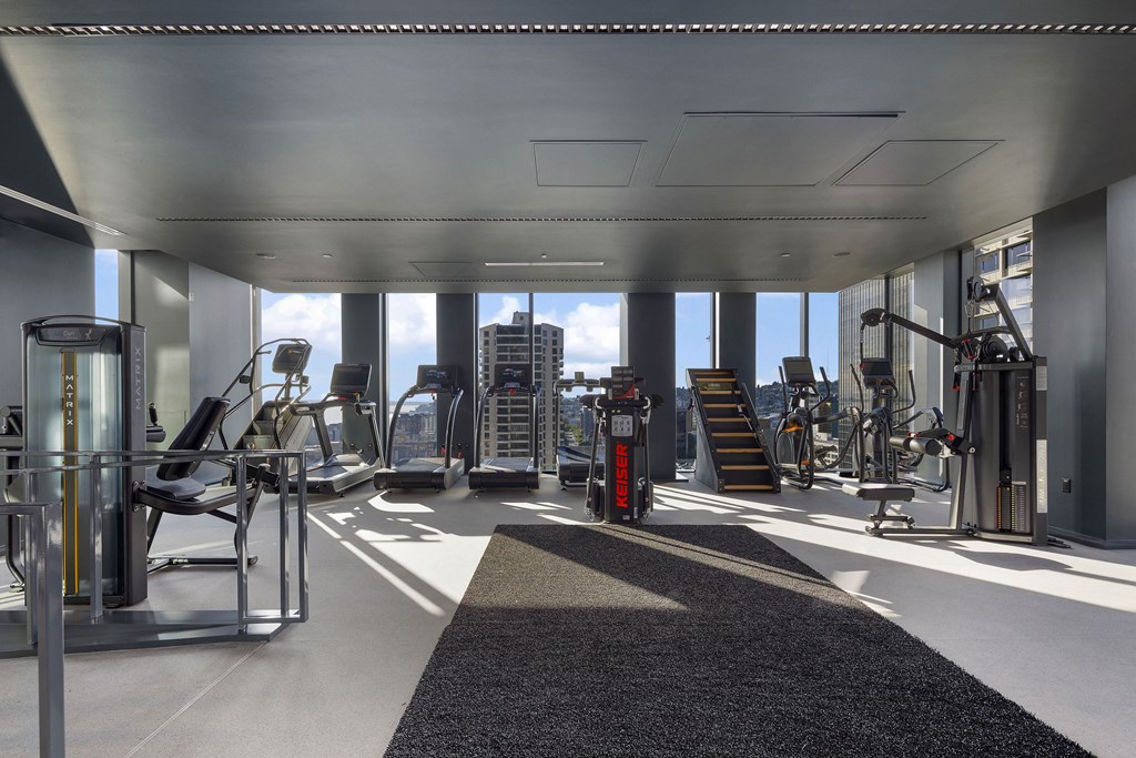 the modern fitness center over Eliot bay