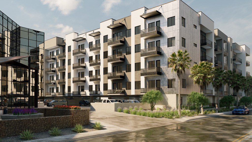 a rendering of an apartment building with a parking lot in front of it