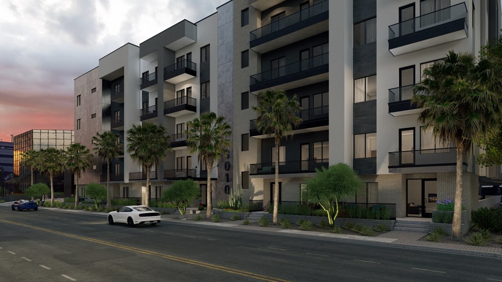 a rendering of an apartment building with palm trees and a white car parked in front of it