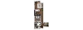 A floor plan of a small apartment with a kitchen, living room, and bathroom.