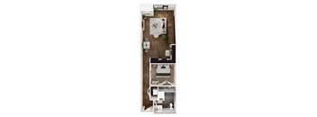 A top-down view of a small apartment with a kitchen, living room, and bathroom.