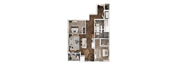 A floor plan of a house with a kitchen, living room, and bathroom.