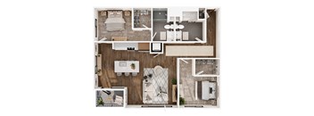 A top-down view of a small apartment layout with a kitchen, living room, and bathroom.
