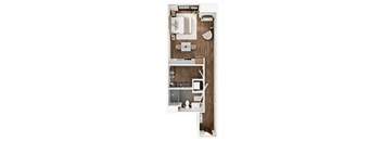 A top-down view of a small apartment with a bed, desk, and kitchenette.