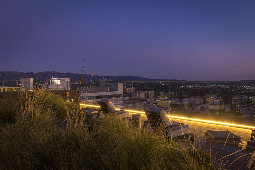 rooftop seating area in the evening