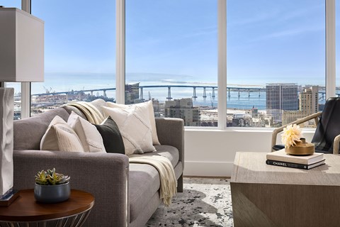 Penthouse living room at Diega in San Diego, CA.