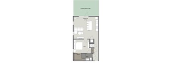 A floor plan of a house with a private outdoor patio, kitchen, living room, bed, closet, and bath.