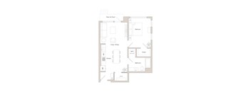 A floor plan of a house with a patio, living/dining area, kitchen, bathroom, bedroom, and closet.