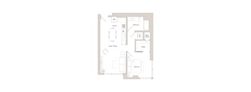 A floor plan of a house with a kitchen, bathroom, dining area, and bedrooms.