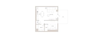 A floor plan of a house with a kitchen, living room, dining area, and bathroom.