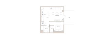 A floor plan of a house with a kitchen, living room, dining room, patio, bedroom, and bathroom.