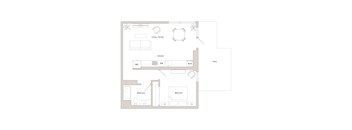 A floor plan of a house with a kitchen, living room, dining room, bathroom, and bedroom.