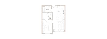 A floor plan of a small apartment with a bedroom, bathroom, kitchen, and living room.