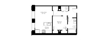 a floor plan of a studio apartment with a bedroom and a living room