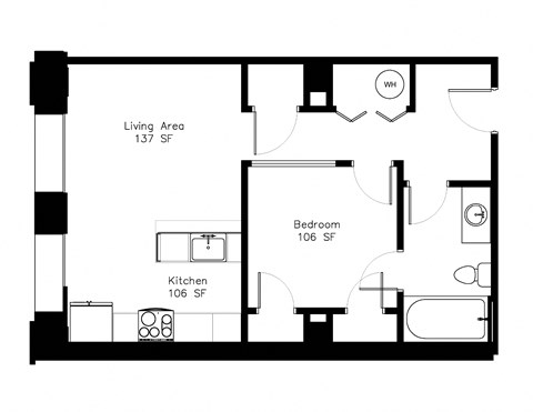a floor plan of a studio apartment with a bedroom and a living room
