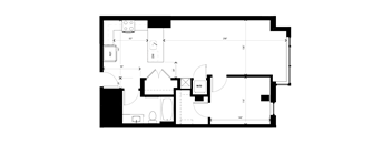 A floor plan of a house with a kitchen, living room, and bathroom.