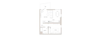 A floor plan of a house with a patio, living/dining area, kitchen, and bathroom.