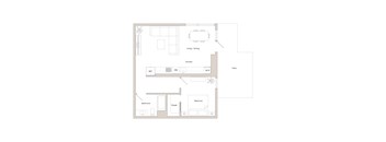A floor plan of a house with a kitchen, living room, dining room, bathroom, and bedroom.