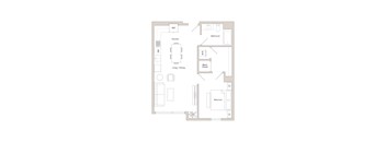 A floor plan of a house with a kitchen, living room, two bedrooms and a bathroom.