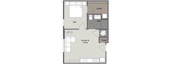 A floor plan of a small apartment with a bed, bath, kitchen, and closet.