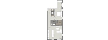A floor plan of a small apartment with a bed, a bath, a kitchen, and a living room.