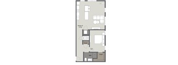 A floor plan of a small apartment with a kitchen, living room, bedroom, and bathroom.
