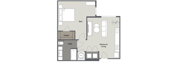 A floor plan of a room with a bed, closet, bath, and kitchen & living area.