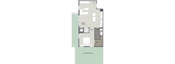 A floor plan of a house with a kitchen, living room, bed, bath, and closet.