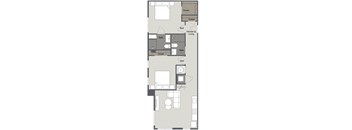 A floor plan of a small apartment with two bedrooms, a bathroom, a kitchen, and a living room.