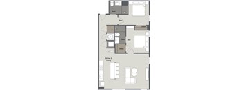 A floor plan of a small apartment with a kitchen, two bedrooms, and a bathroom.