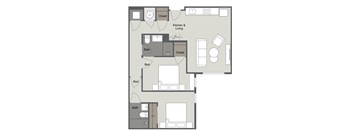 A floor plan of a small apartment with two bedrooms, a kitchen, and a living room.