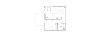 A floor plan of a house with labeled rooms such as kitchen, living/dining, and bathroom.