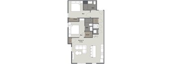 A floor plan of a house with a kitchen, living room, two bedrooms, and two bathrooms.