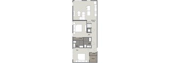 A floor plan of a house with a kitchen, living room, and two bedrooms.
