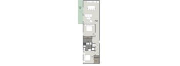 A floor plan of a house with a kitchen, living room, and two bedrooms.
