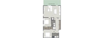 A floor plan of a house with a private outdoor space, kitchen, living room, bedrooms, bathrooms, and closets.