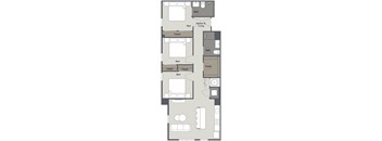 A floor plan of a house with three bedrooms, a kitchen, a living room, and two closets.