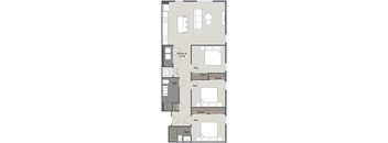 A floor plan of a house with a kitchen, living room, and bedrooms.