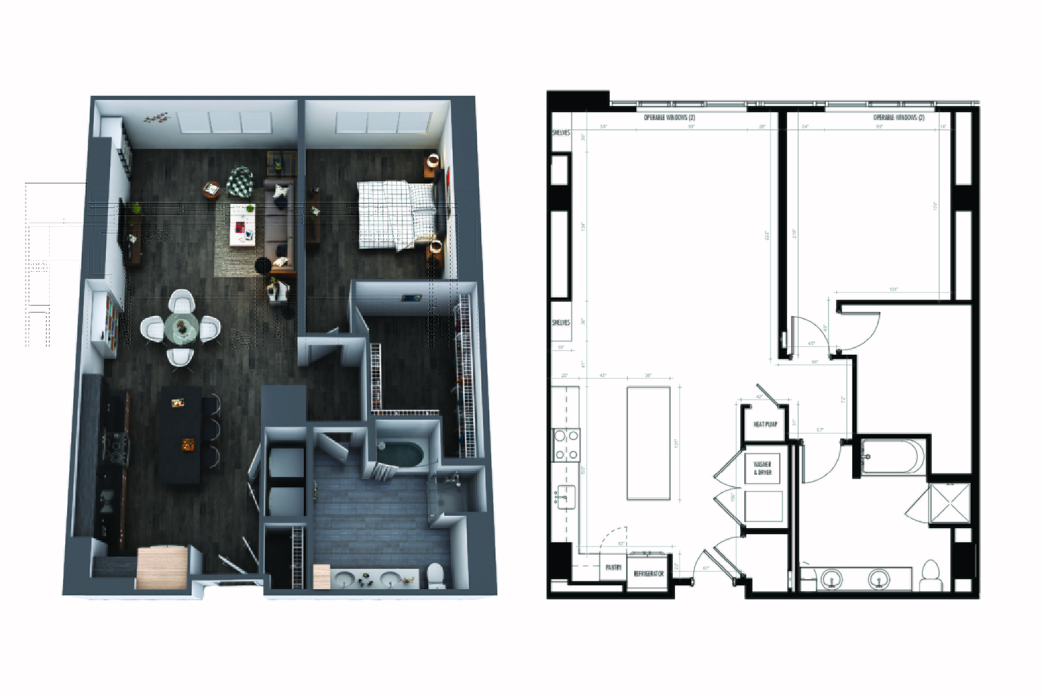 A floor plan of a small apartment with a kitchen, living room, and bedroom.