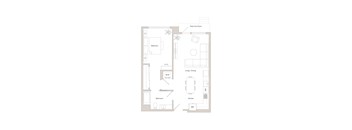 A floor plan of a house with a bedroom, living room, dining room, kitchen, bathroom, and a patio hit floor.