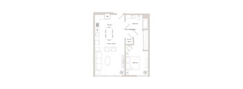 A floor plan of a small apartment with a kitchen, living room, dining room, bathroom, and two bedrooms.