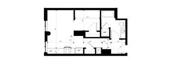 A black and white image of a floor plan with various rooms and measurements.